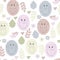 Seamless pattern with pets. Cute sheep, bull, mumps and dogs, with elements of plants leaves and flowers