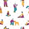 Seamless pattern with pets owners and animals cartoon vector illustration.