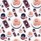 Seamless pattern with phone, plate with cookies and cup of coffee