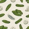 Seamless pattern with pickles or pickled cucumbers. Backdrop with marinated vegetable, delicious vegetarian snack. Hand