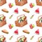 Seamless pattern of picnic basket and food