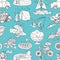 Seamless pattern with picnic, beach vacation, camping, traveling concept objects on blue