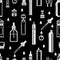 Seamless pattern pictograms of vape cigarettes and white accessories on black