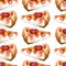 Seamless pattern of piece of fragrant cherry pie decorated with berries on white background