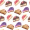 Seamless pattern of pieces of cake. Hand drawn watercolor pencil