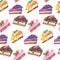 Seamless pattern of pieces of cake. Hand drawn watercolor pencil