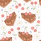 Seamless pattern of pieces of chocolate cake with cherry.