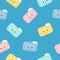 Seamless pattern pieces of solid soap cute happy character. Color illustration on a blue background