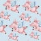 Seamless pattern with pigs with wings. Piggy angel flying in the sky on a blue