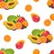 Seamless pattern with pile of tropical fruits isolated on white. Vector illustration of papaya, orange, passion fruit, mango