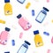 Seamless pattern with pills and glass vials.Vitamin complex and healthcare.Keep calm and drink sedative tablets.