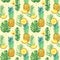 Seamless pattern with pineapples, tropical leaves, and flowers on yellow background.