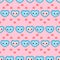 Seamless pattern pink background in kids cartoon style with cute kawaii smiling hearts.