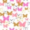 Seamless pattern with pink, black and glittering golden butterflies.