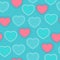 Seamless pattern of pink and blue hearts with a double stroke on a light blue-green background for textiles.