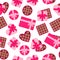 Seamless pattern with pink boxes of chocolates of different shapes for Valentine`s Day or other holiday