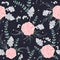 Seamless pattern with pink camellias flowers, dusty miller and eucalyptus leaf.