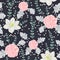 Seamless pattern with pink camellias flowers, eucharis lily, dusty miller, gypsophila and eucalyptus leaf.