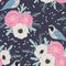 Seamless pattern with pink camellias, white anemone flowers, dusty miller, gypsophila and birds.