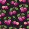Seamless pattern pink cherry fruits, Fresh organic food, Purple fruits berry pattern on black. Vector