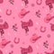 Seamless pattern in pink colors with cowboy hats, saddles and horseshoes. Vector graphics