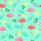 Seamless pattern of Pink and coral flamingos and palm leaves. lemon. Pastel turquoise background Wallpaper