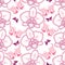 Seamless pattern with pink dotted moth Orchid or Phalaenopsis and ornate butterflies on the white background.