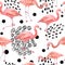 Seamless pattern of pink flamingo with black trendy contemporary background. Tropical exotic bird rose flamingos