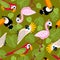 Seamless pattern with pink flamingos, cockatoo parrot, ara, Toucan and green palm leaves.