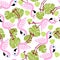 Seamless pattern with pink flamingos and green palm leaves