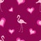 Seamless pattern of pink flamingos and hearts on a dark pink background