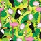 Seamless pattern with pink flamingos, toucan, green leaves and dragon fruit. Design for fabric, decor, card.