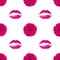 Seamless pattern of pink gerbera flower and lipstick kiss print on white background isolated, daisy flowers and lips makeup stamp
