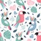 Seamless pattern with pink and green parrots. Cute baby style. Children's print.