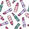 Seamless pattern with pink hand drawn women lipstick. Fashion and beauty trend background.