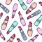 Seamless pattern with pink hand drawn women lipstick. Fashion and beauty trend background.