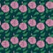 Seamless pattern with pink hibiscus on a dark green background.