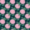 Seamless pattern with pink hibiscus flowers on a dark background.