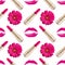 Seamless pattern pink kiss print, lipstick, gerbera flower white background isolated, daisy flowers, golden lipsticks, lips makeup