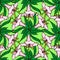 seamless pattern of pink large exotic flowers with a black outline on a green background