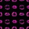 Seamless pattern pink lipstick kiss print black background isolated, purple sexy lips makeup stamp repeating ornament, red kisses