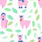 Seamless pattern with pink llamas in hats and socks.