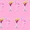 Seamless Pattern - Pink Martini cocktail Glass and Pink Flamingo On a pink background