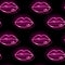 Seamless pattern with pink neon lips on dark background. Girly, fashion, sexy concept. Vector illustration