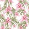 Seamless pattern of pink orchid flower and tropical palm leaves on white background.