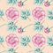 Seamless pattern of pink peonies with leaves and bud on a yellow background.