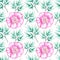 Seamless pattern of pink peonies with leaves on a white background. Illustration of felt-tip pens.