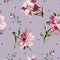 Seamless pattern with pink peonies and small hearts. Watercolor painting.