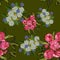 Seamless pattern with pink pions, white camomiles, cornflowers.
