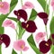 Seamless pattern with pink and purple calla lilies